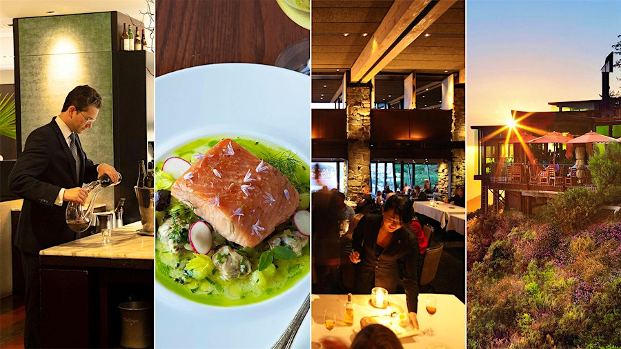 Composite of images from 4 Wine Spectator 2025 Restaurant Awards winners: sommelier, food, diners and scenic exterior