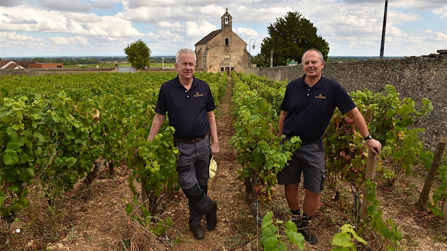 Mark O’Connell (left) and Pierre Meurgey of Domaine Clos de la Chapelle, in Volnay, hope they can keep loyal customers—but they’re not sure how long they can swallow some of the tariff costs.